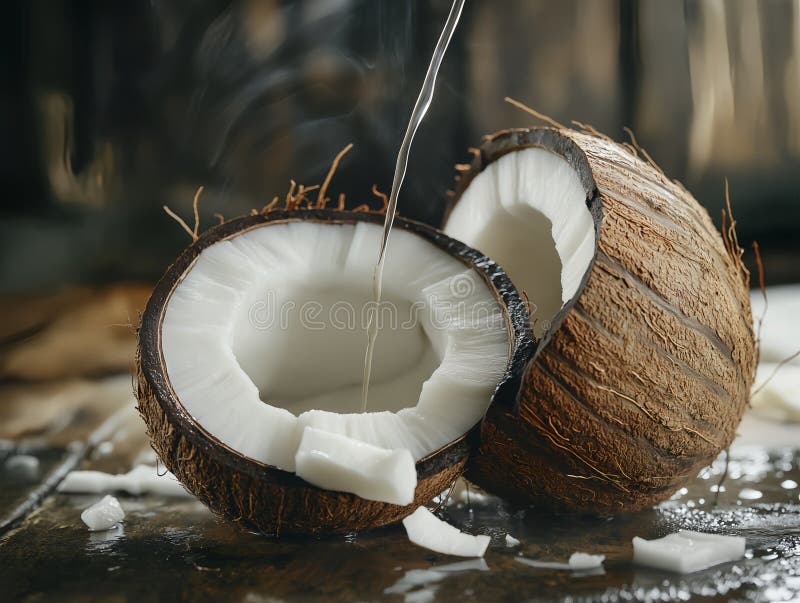 Closeup of cracked coconut with milk spilling out vector illustration