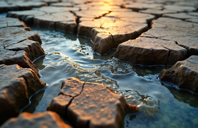 Closeup of cracked earth riverbed. Water flows through fractured ground. Desert drought scene. Brown dry land texture. Climate vector illustration