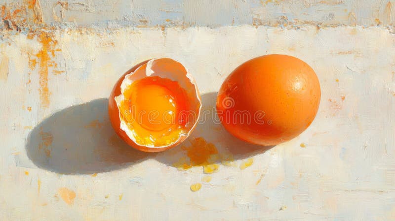 Closeup of Cracked Egg and Whole Egg on White Surface royalty free illustration