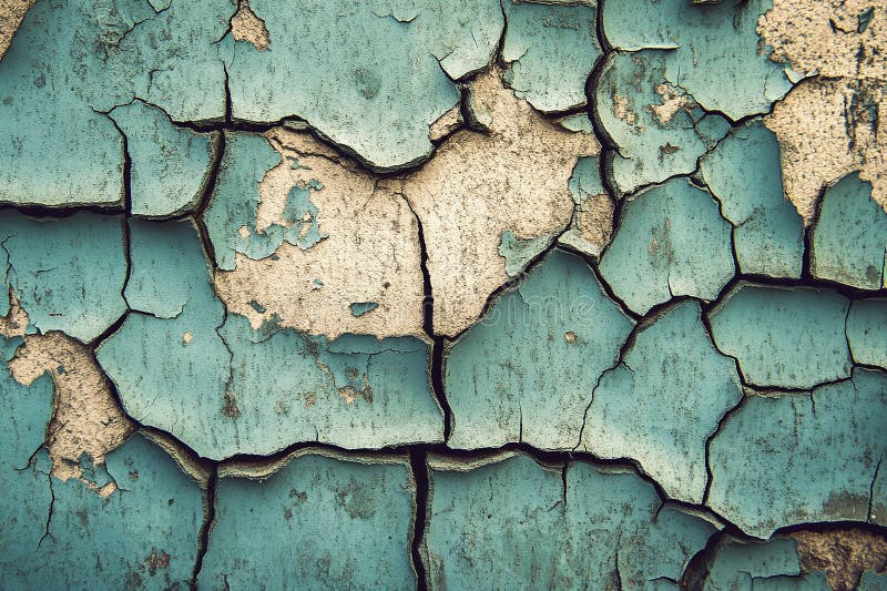 Closeup of Cracked Peeling Blue Paint on Aged Textured Wall Surface with Weathered Beige Background royalty free illustration