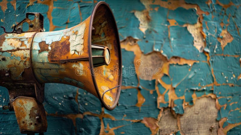 A close-up of a cracked and rusty megaphone, symbolizing outdated communication methods in the office. Generative AI