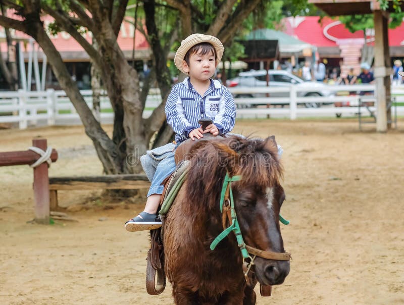 Closeup cute asian kid riding a horse in farm view background