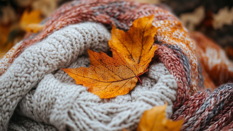 Closeup d'une couverture mignonnée douce avec une feuille d'érable d'automne brillante. le cadre est dominé par des teintes d'automne chaudes créant une atmosphère cosy et calme a généré