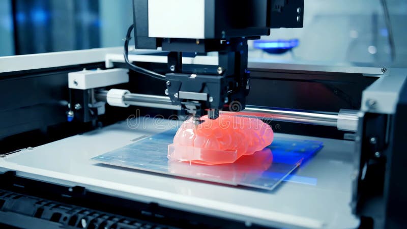 Closeup d'une tête d'imprimante 3D high-tech fabriquant méticuleusement un modèle de cerveau humain translucide rose sur une plaqu illustration stock