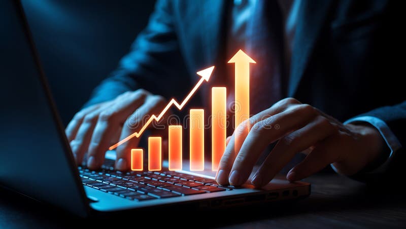 Closeup Dark Blue Businessperson Hands Typing Laptop Keyboard Orange Growth Chart Arrow image royalty free illustration