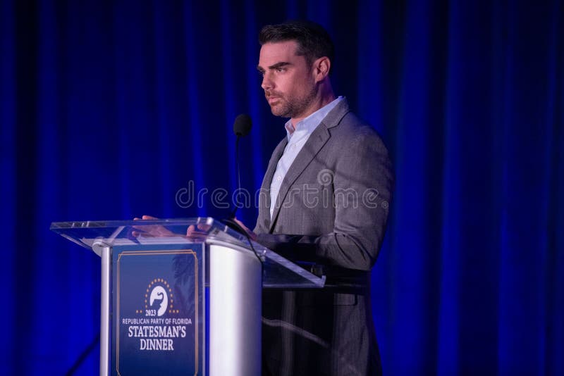 A closeup of Ben Shapiro speaking at the Florida GOP Statesman&#x27;s dinner. A closeup of Ben Shapiro speaking at the Florida GOP Statesman&#x27;s dinner