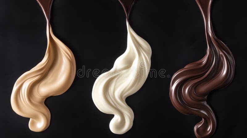 Closeup de tourbillons fondus de dessert sucré pour publicité. Verser du délicieux lait foncé et du chocolat blanc illustration libre de droits