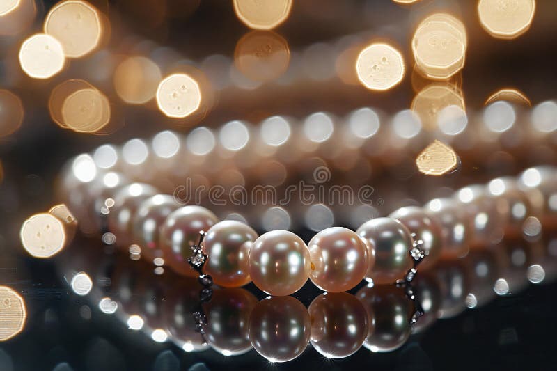 A closeup of the delicate pearl necklace, with each bead reflecting light and creating an elegant pattern on its surface. the stock illustration