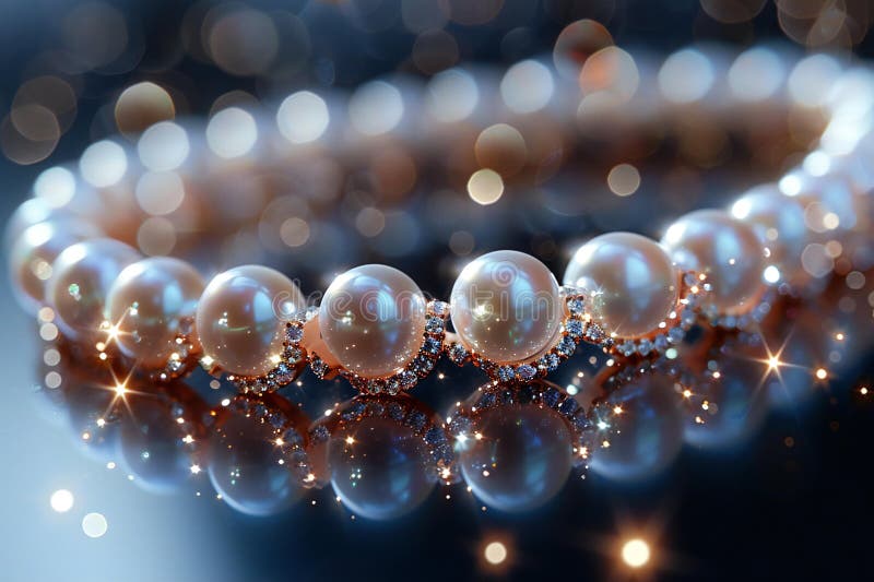 A closeup of the delicate pearl necklace, with each bead reflecting light and creating an elegant pattern on its surface. the stock illustration