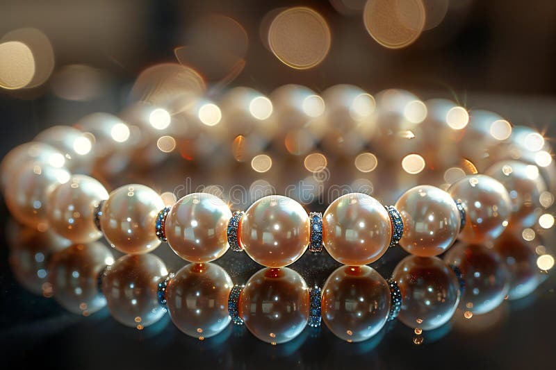 A closeup of the delicate pearl necklace, with each bead reflecting light and creating an elegant pattern on its surface. the stock illustration