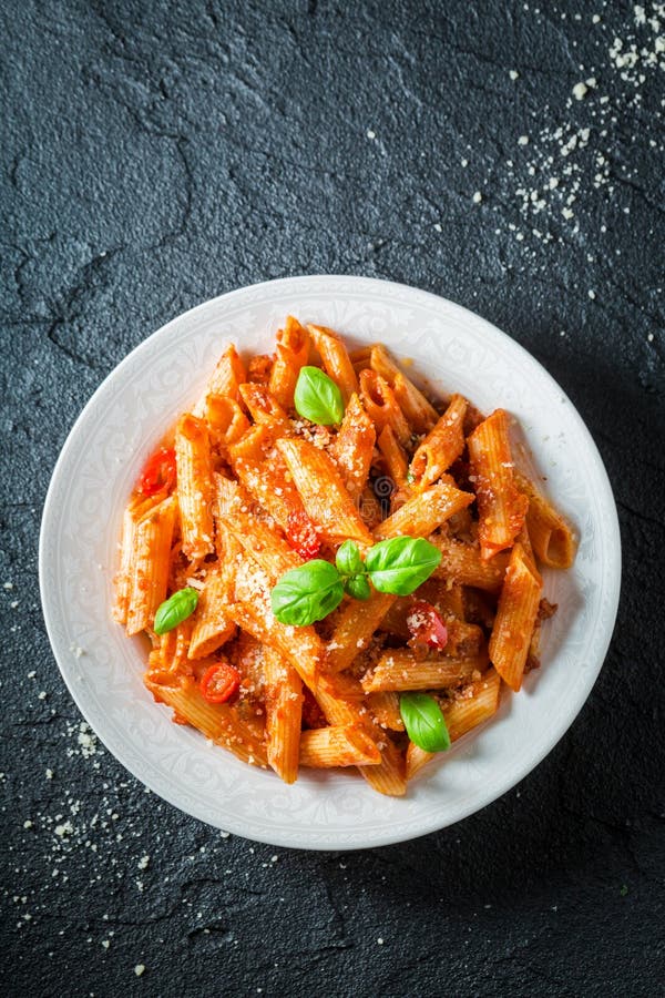 Delicious Penne Bolognese with Red Wine and Parmesan Stock Photo ...