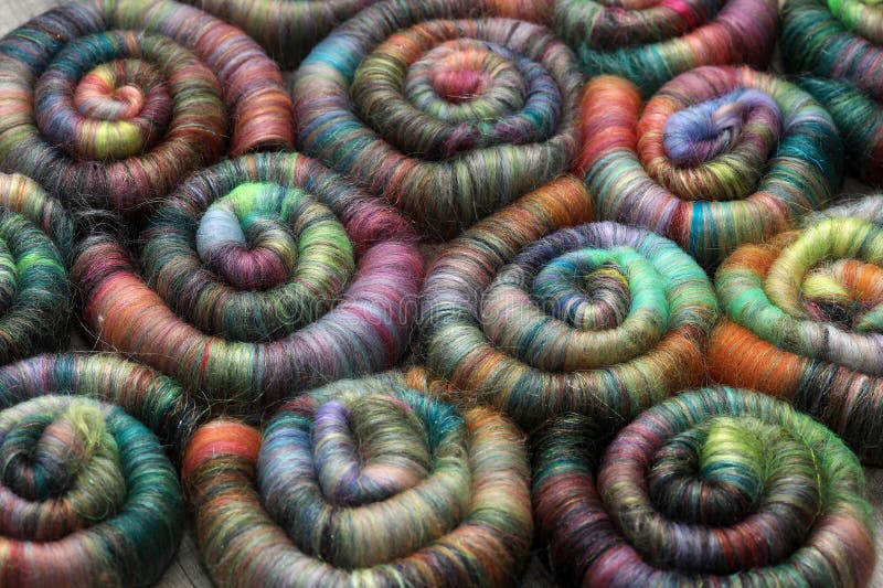 Closeup detail of rolags of sheep wool ready for spinning on spinning wheel.