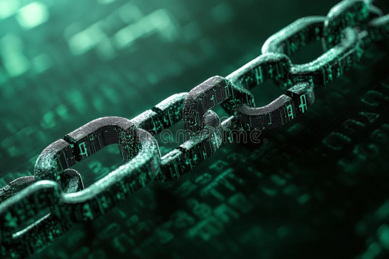 Closeup of Digital Blockchain Chain on Green Matrix Background Representing Technology and Security royalty free illustration