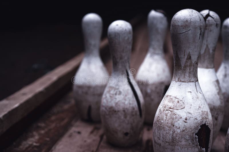 Closeup of Dirty Broken Bowling Pins Outdoors at Pavliani Park in