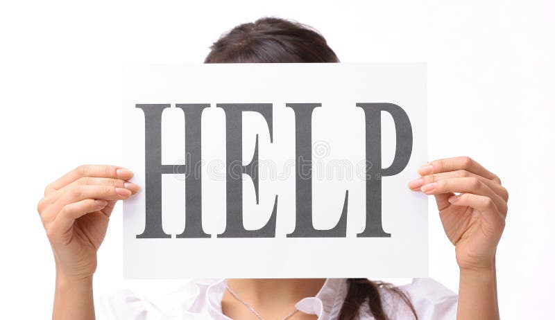 Closeup. business woman showing poster with the word help. on white background. Closeup. business woman showing poster with the word help. on white background