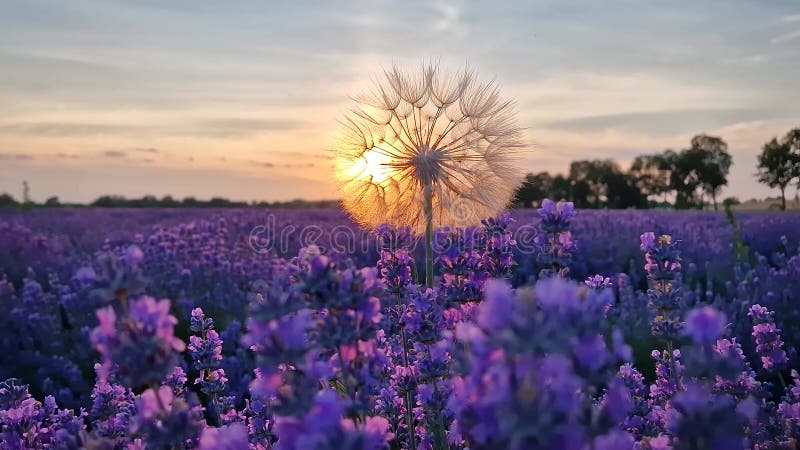 Closeup duffy dandelion contre le coucher de soleil vibrant dans le champ de lavande violette clips vidéos