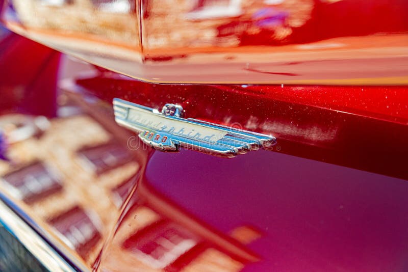Closeup of the emblem on the hood of a 50's ford tanderbird retro car. Old thunderbird stock images, royalty-free photos and pictures