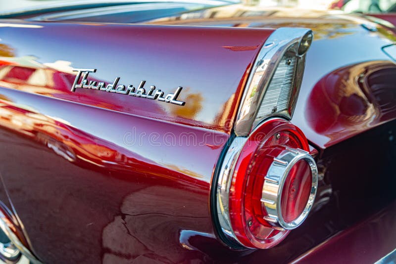 Closeup of the emblem and taillight of a 50's ford tanderbird retro car. Old thunderbird stock images, royalty-free photos and pictures