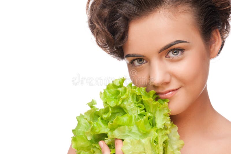 Closeup emotional woman with green lettuce