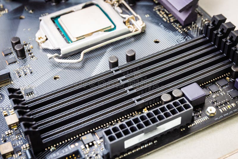 Closeup on empty RAM or random access memory slot stock image
