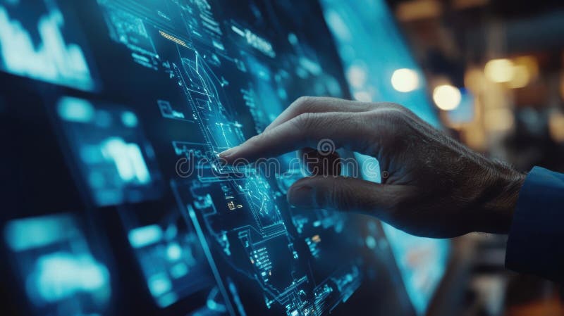 A closeup of a factory workers hands interacting with a touchscreen interface managing the tracking system with finger stock photo