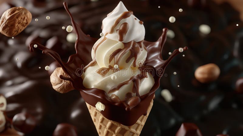 Closeup floating Ice cream cone with hazelnut, vanilla and chocolate royalty free illustration
