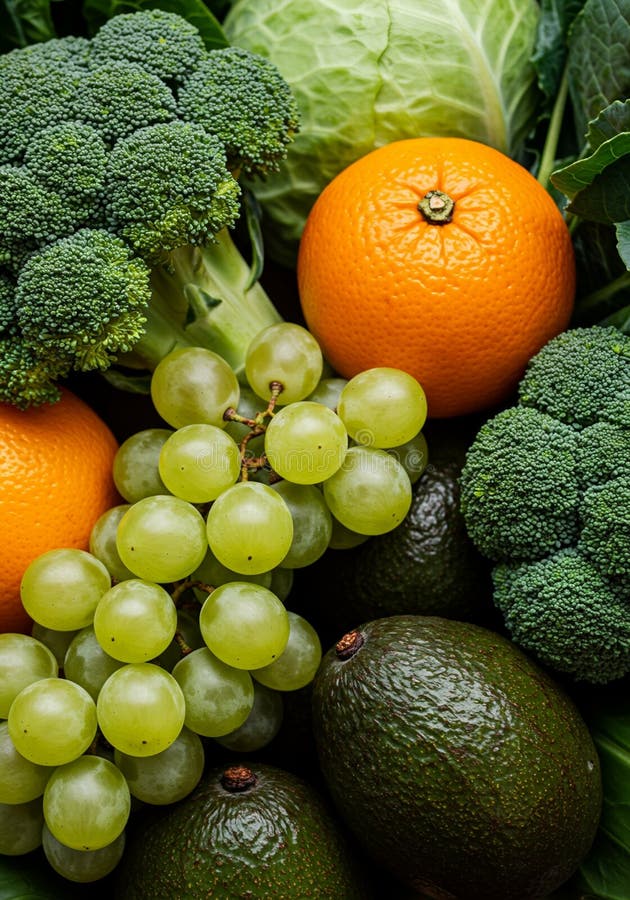 Closeup of Fresh Green Broccoli, Grapes, Avocados and Oranges vector illustration
