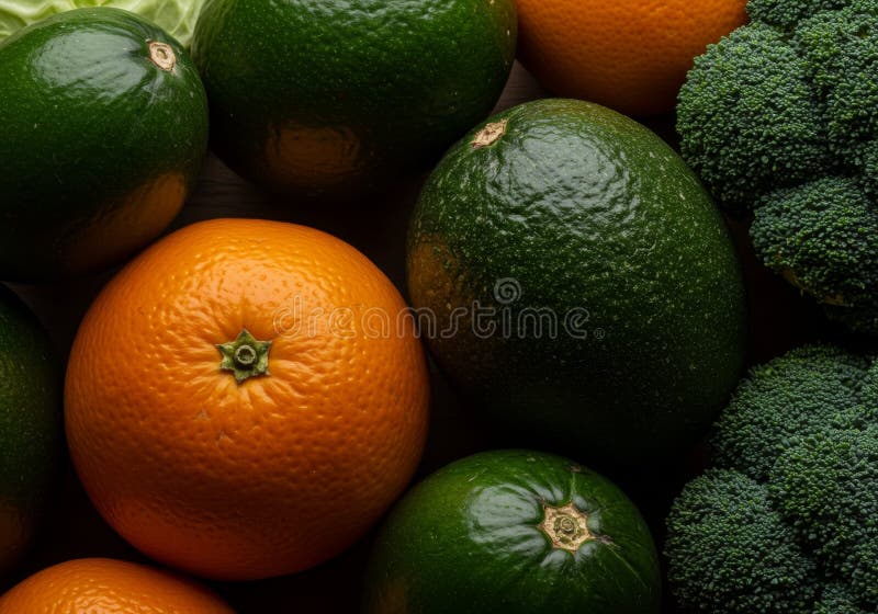 Closeup of Fresh Orange, Avocado, and Broccoli vector illustration