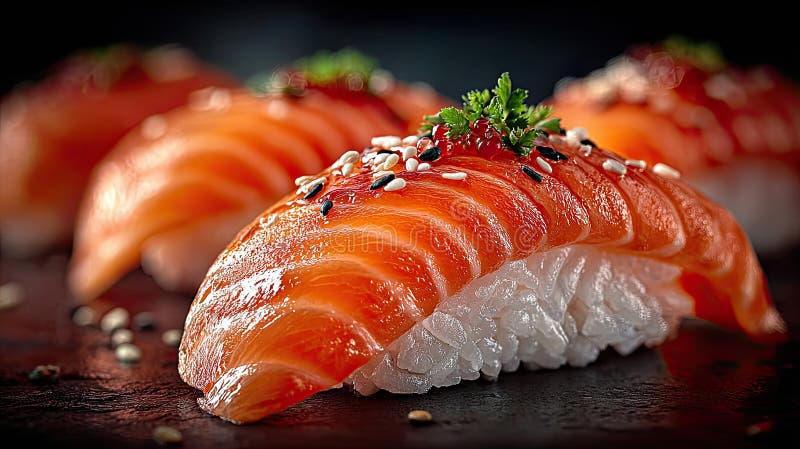 Closeup fresh sushi nigiri on dark plate. stock illustration