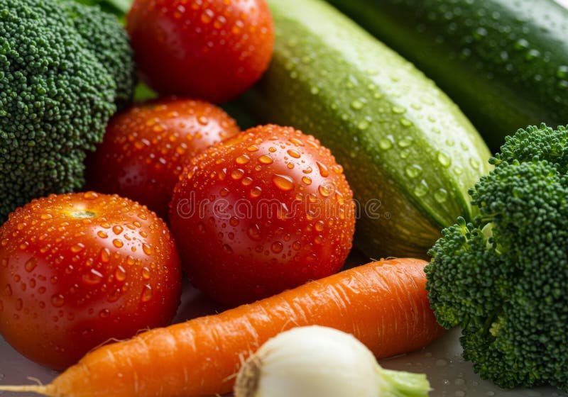 Closeup of Fresh Vegetables: Tomatoes, Zucchini, Broccoli, and Carrots royalty free illustration