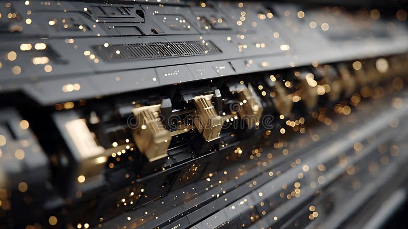 Closeup of a futuristic machine with glowing lights and intricate details. jpeg stock illustration