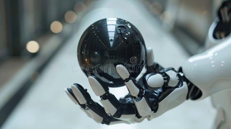 Closeup of futuristic robot hands gently holding a spherical artificial intelligence unit royalty free stock photography