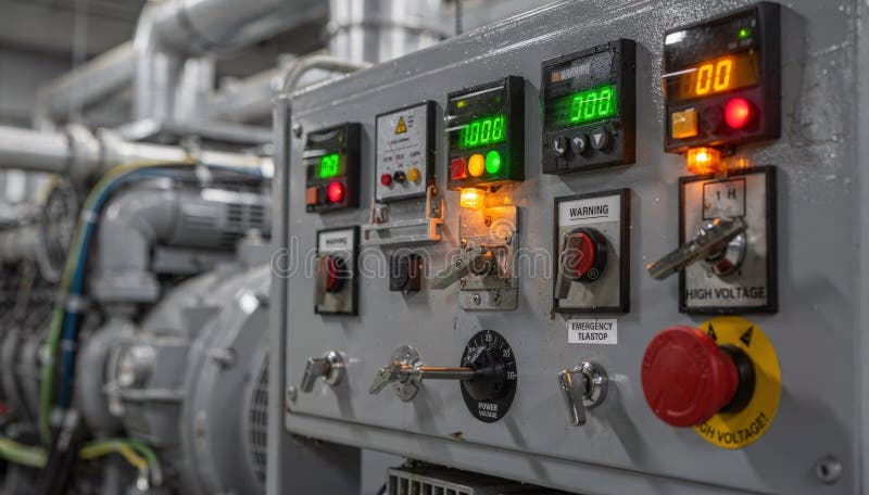 Closeup of generator control panel during power cycle test primary indicators in focus with blurred background royalty free stock photography