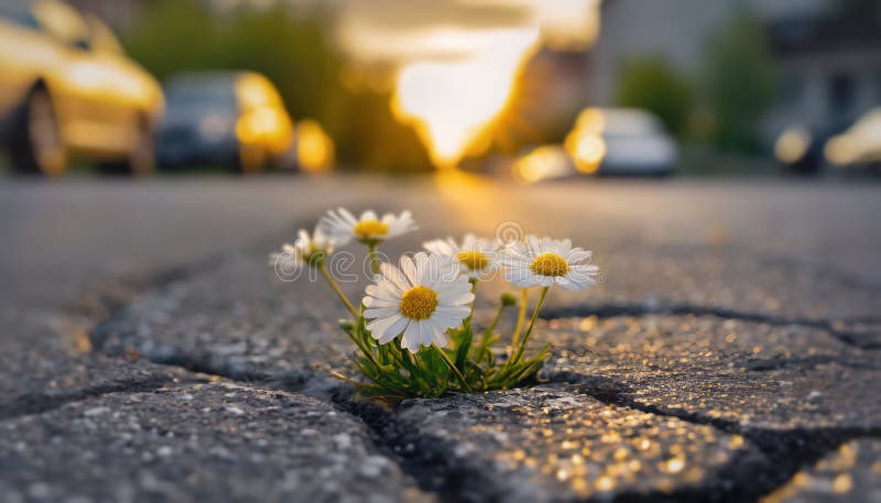 Closeup gentle daisy flowers growing out of cracked asphalt road on the city street. Conceptual background for self confidence royalty free illustration