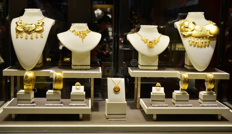Closeup of gold jewelry shop window