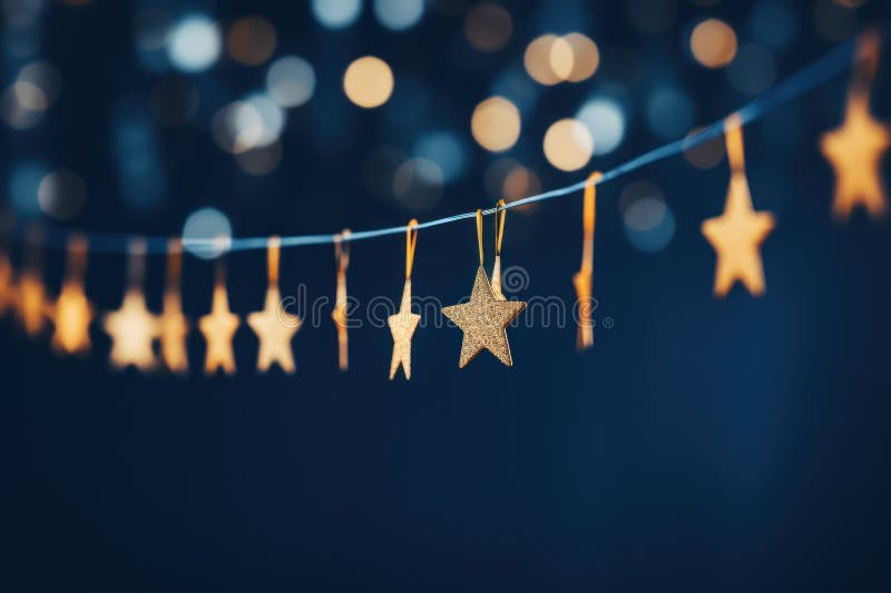 Closeup Gold stars light hanging on dark blue background. Generative AI vector illustration