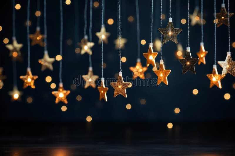Closeup Gold stars light hanging on dark blue background. Generative AI royalty free illustration