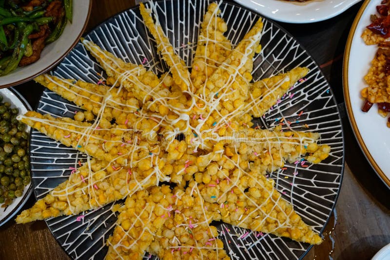 Closeup of Golden Crunchy Chinese Corn Cake. Stock Photo Image of