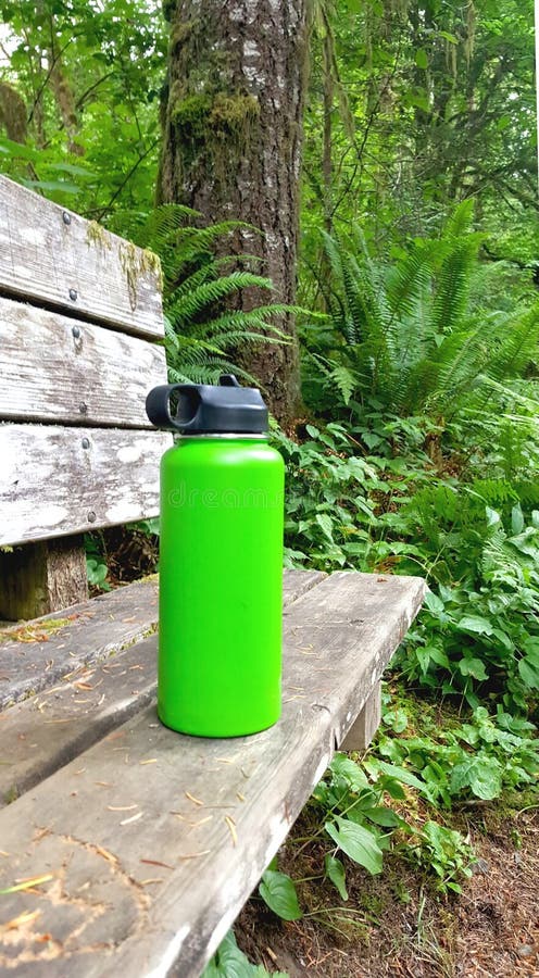 Green water bottle on hiking trail