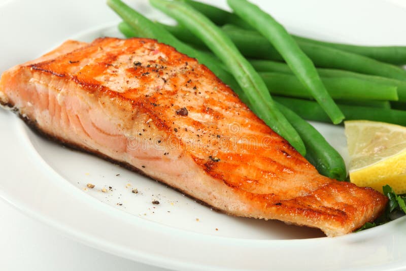 Closeup of Grilled Salmon Fellet with Green Beans stock photo Closeup of Grilled Salmon Fellet with Green Beans stock photo