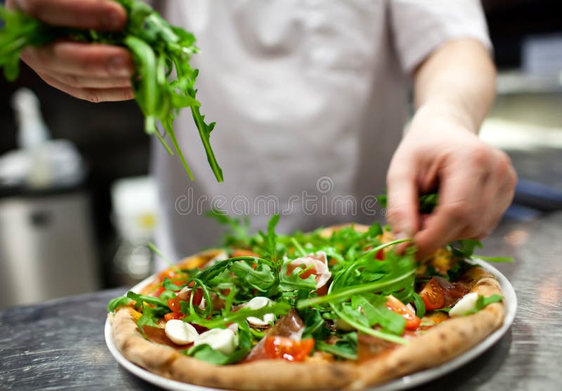 Closeup Hand of Chef Baker in White Uniform Making Pizza at Kitchen ...