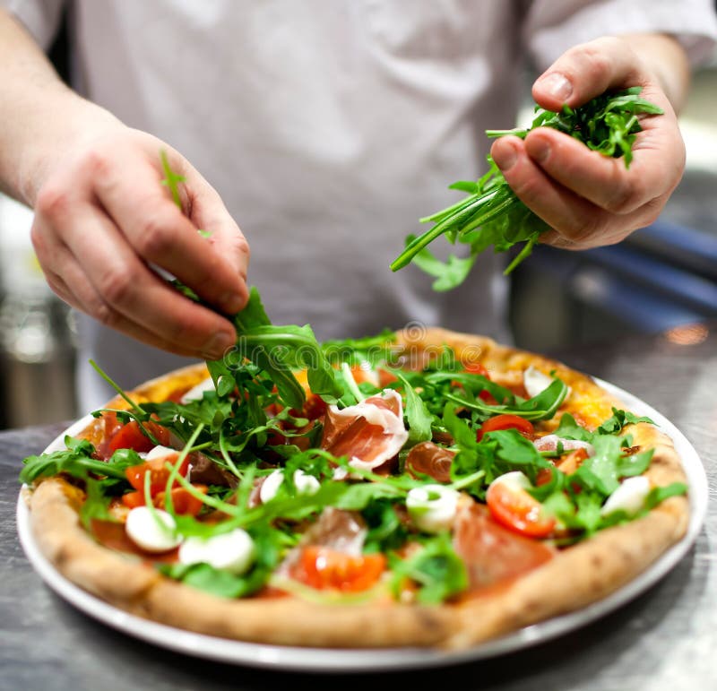 Closeup Hand of Chef Baker in White Uniform Making Pizza at Kitchen ...