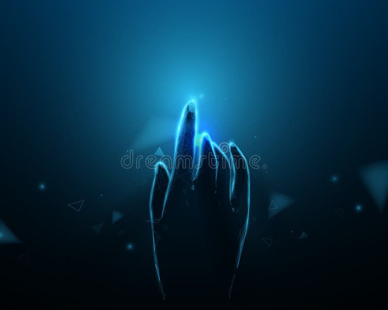 Closeup hand touching or pointing to something. Dreams, success concept. Low polygon line, triangles, and particle style design royalty free illustration