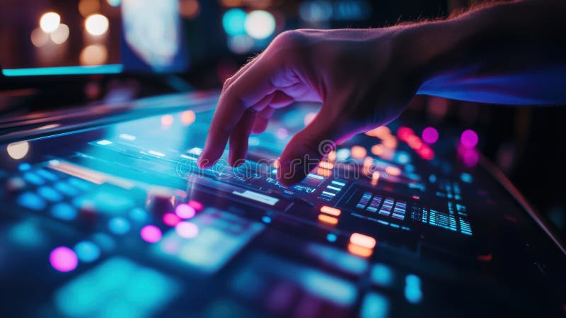A closeup of hands interacting with a sophisticated product demo at a tech showcase showcasing the innovation and stock image