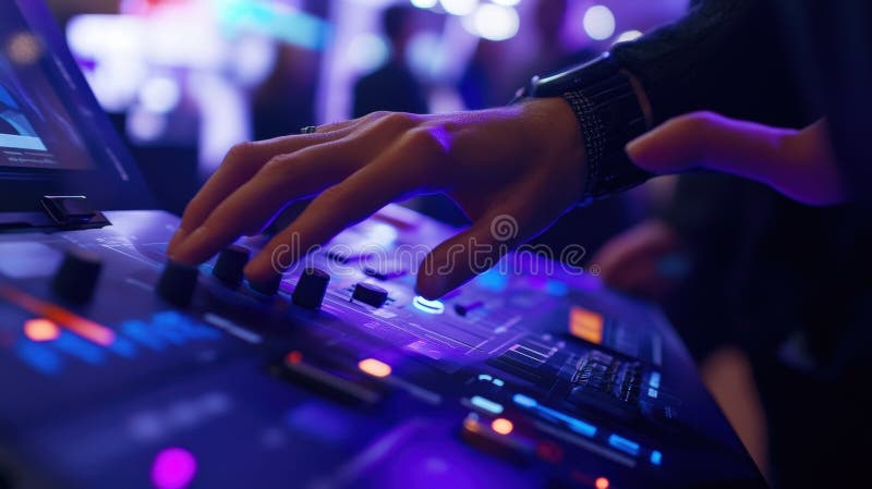 A closeup of hands interacting with a sophisticated product demo at a tech showcase showcasing the innovation and stock image