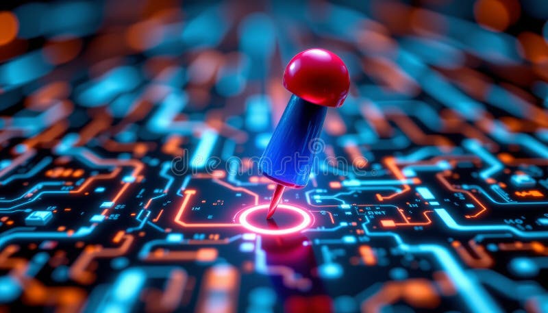 Closeup of hovering push pin vibrant circuit board, showcasing intricate patterns and glowing elements. image evokes sense royalty free illustration