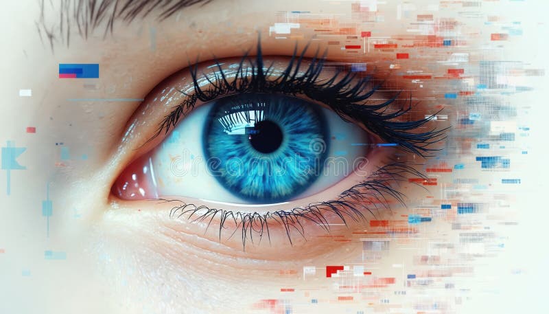 Closeup on human blue eye with digital data stream effect. Concept for future tech vision data processing. Artificial royalty free illustration