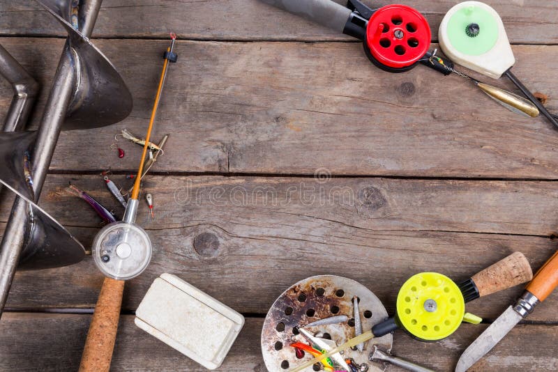 Closeup ice fishing tackles and equipment