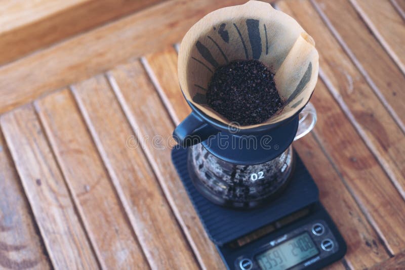 Coffee Grounds in Paper Filter on Digital Coffee Scale while Making a