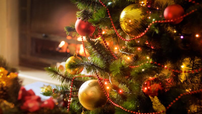 Closeup Image of Colorful Lights Glowing on Christmas Tree at Night ...